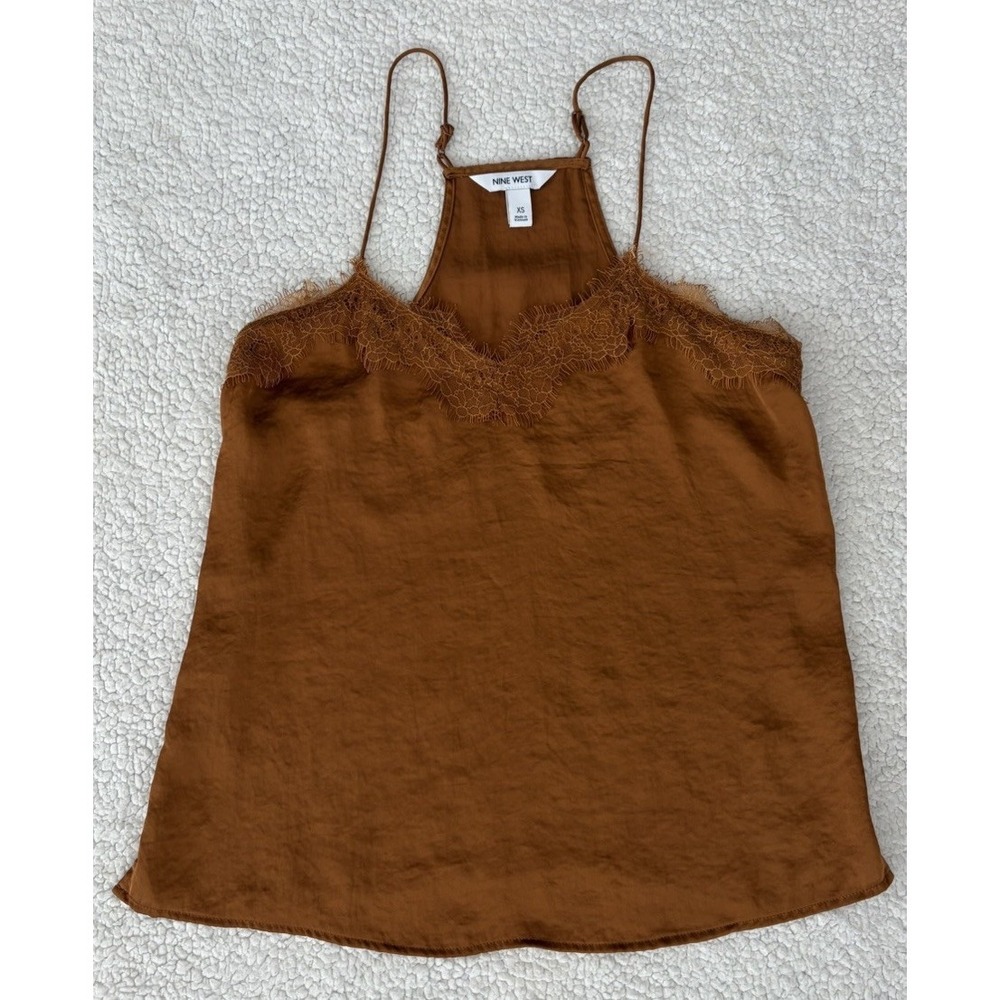 Womens Satin Lace Trim Cami Tank Top Brown Gold Coquette Fairy 90s Y2K Size XS